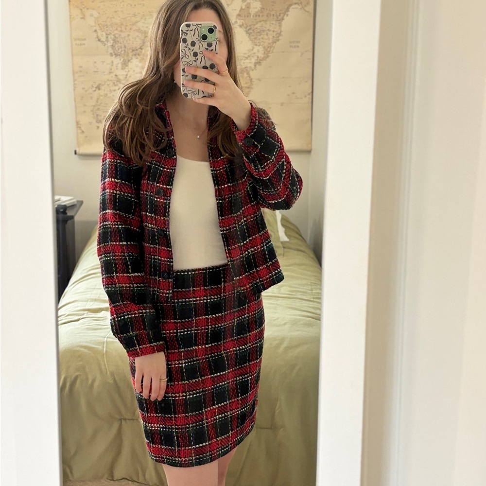 LOFT Red and Black Plaid Skirt Set